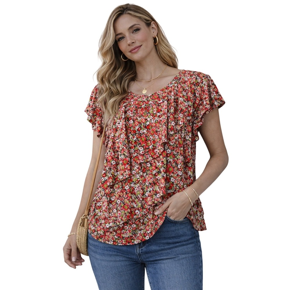 Westport 1962 Tiered Ruffle Top Womens Small Red Floral Flutter Sleeve Blouse